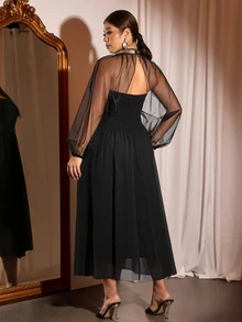 Cravure Plus Size Luxury Evening Party Sheer Mesh Patchwork High Waist Draped Long Dress Fall - Black - View 2