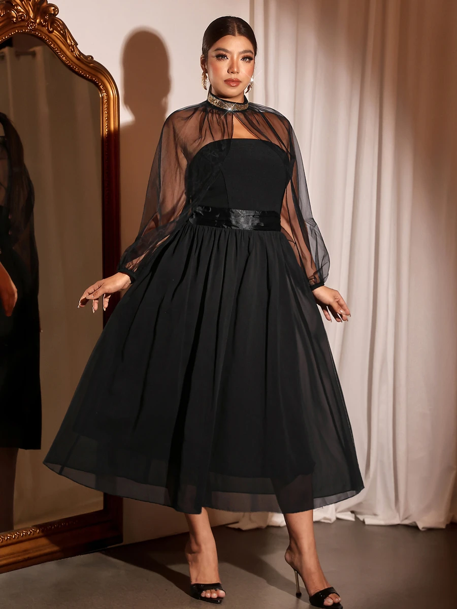 Cravure Plus Size Luxury Evening Party Sheer Mesh Patchwork High Waist Draped Long Dress Fall - Black - View 1
