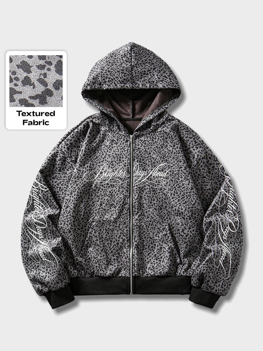 ROMWE MEN Street Life Men's Leopard Print Letter Pattern Casual Daily Hoodie - Grey - View 1