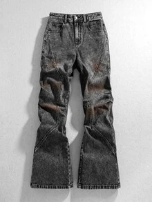 ROMWE MEN Street Life Men's Vintage Distressed Washed Patchwork Flared Jeans Y2K High Street 3D Split Stacked Wide Leg Flared Pants Studs Decor Gothic Punk Hip Hop Street Style Suitable For Street, Party, Daily Wear - Black - View 6