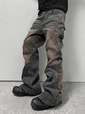 Street Life Men's Vintage Distressed Washed Patchwork Flared Jeans Y2K High Street 3D Split Stacked Wide Leg Flared Pants Studs Decor Gothic Punk Hip Hop Street Style Suitable For Street, Party, Daily Wear