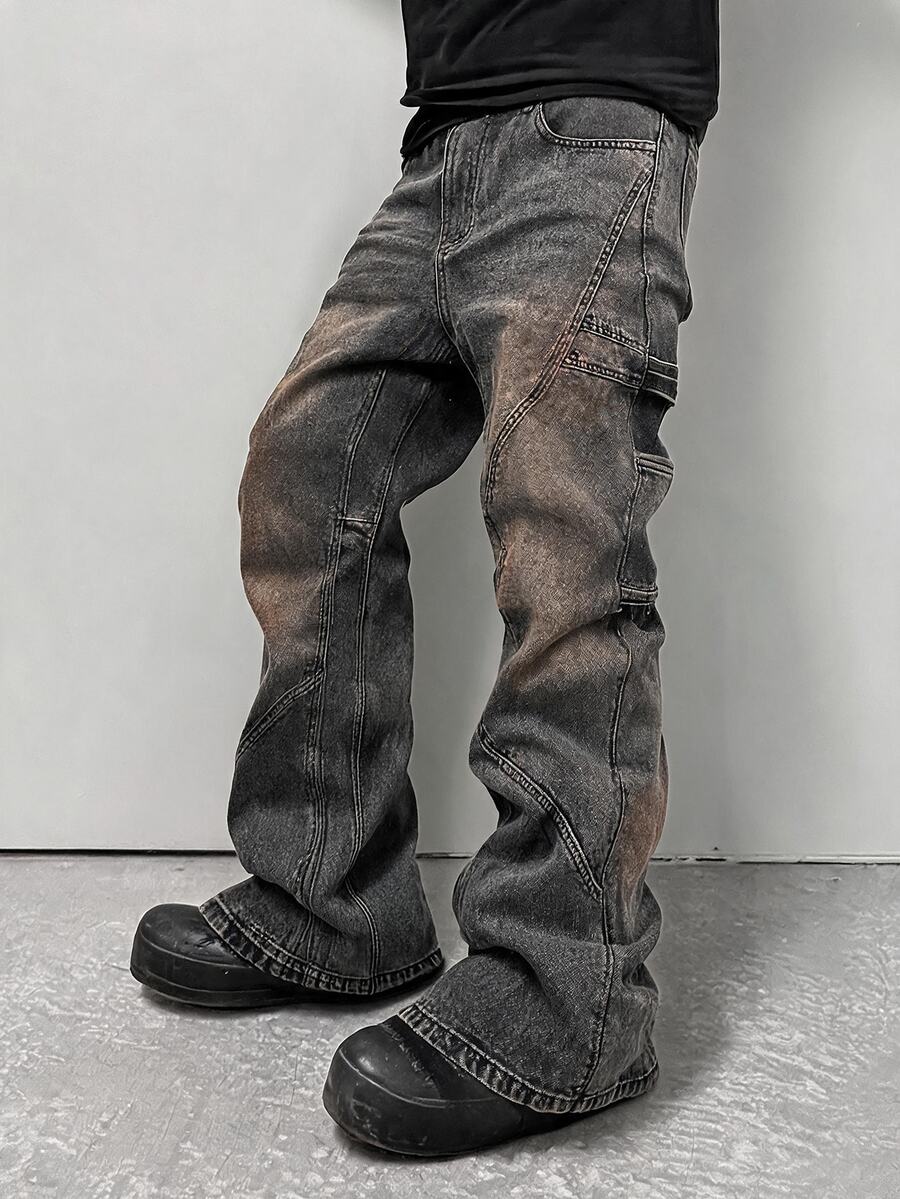 ROMWE MEN Street Life Men's Vintage Distressed Washed Patchwork Flared Jeans Y2K High Street 3D Split Stacked Wide Leg Flared Pants Studs Decor Gothic Punk Hip Hop Street Style Suitable For Street, Party, Daily Wear - Black - View 1