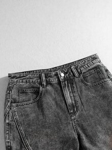 ROMWE MEN Street Life Men's Vintage Distressed Washed Patchwork Flared Jeans Y2K High Street 3D Split Stacked Wide Leg Flared Pants Studs Decor Gothic Punk Hip Hop Street Style Suitable For Street, Party, Daily Wear - Black - View 4