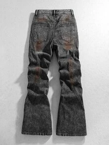 ROMWE MEN Street Life Men's Vintage Distressed Washed Patchwork Flared Jeans Y2K High Street 3D Split Stacked Wide Leg Flared Pants Studs Decor Gothic Punk Hip Hop Street Style Suitable For Street, Party, Daily Wear - Black - View 2
