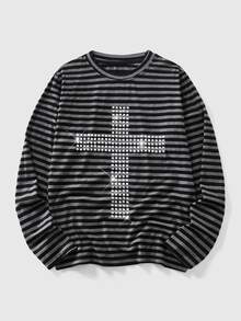 ROMWE MEN Goth Men's Plus Size Hip Hop Rivet Striped Long Sleeve T-Shirt - Black and White - View 1