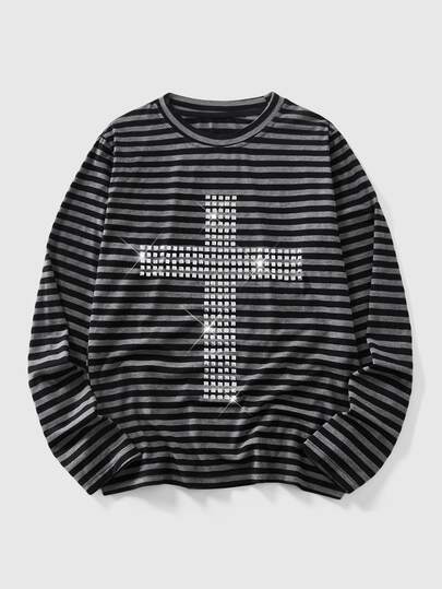 ROMWE MEN Goth Men's Plus Size Hip Hop Rivet Striped Long Sleeve T-Shirt
