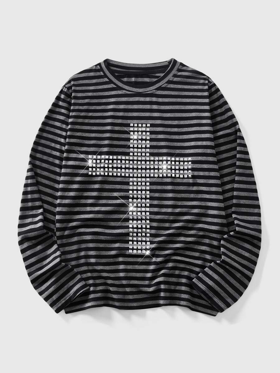 ROMWE MEN Goth Men's Plus Size Hip Hop Rivet Striped Long Sleeve T-Shirt - Black and White - View 1