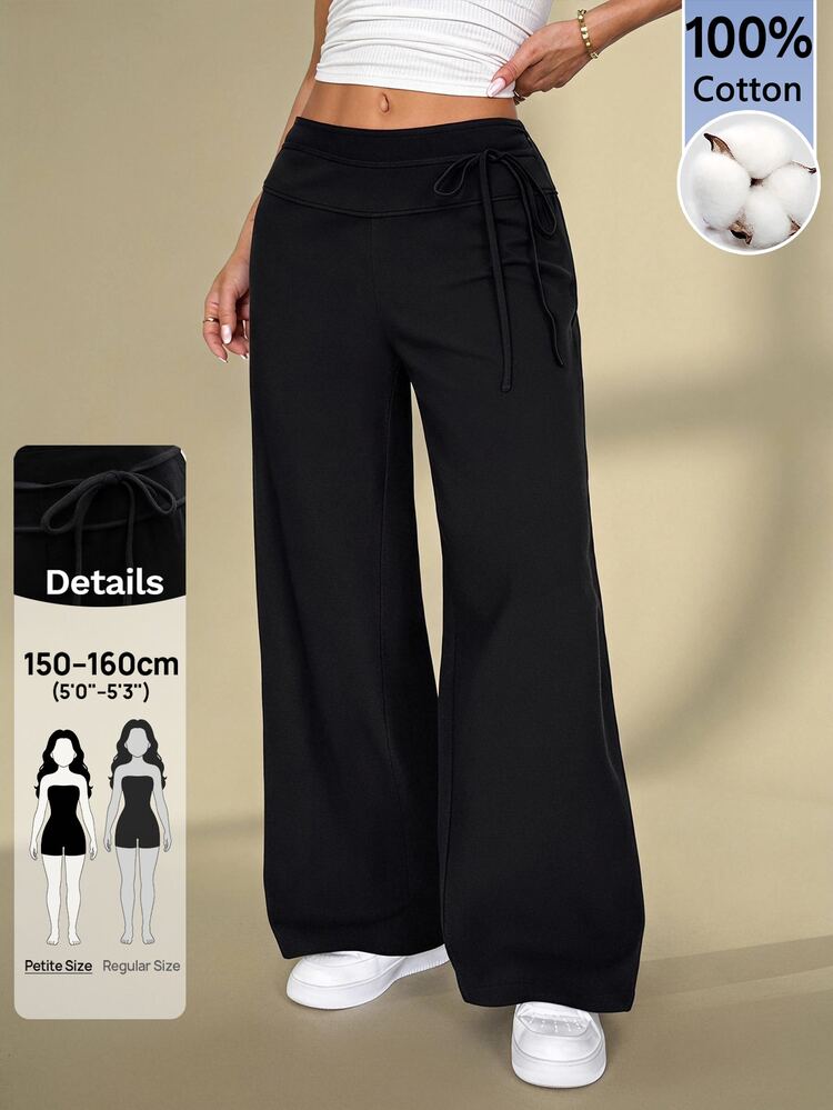 SHEIN PETITE Women's Solid Color Side Waist Tie Wide Leg Loose Casual Basic Long Pants, Going Out Lounge Travel, Black, Work Outfits, Autumn, Petite - Black - View 10