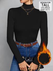 SHEIN Tall 女款素色立領修身百搭日常長袖T恤 - 黑色 - 查看 9