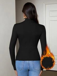 SHEIN Tall 女款素色立領修身百搭日常長袖T恤 - 黑色 - 查看 2