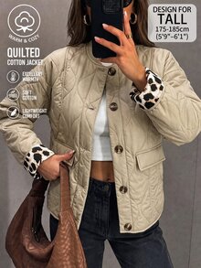 SHEIN Tall Women's Quilted Down Jacket, Button Front Design, Casual, Suitable For Autumn/Winter, Comfortable And Versatile Women's Autumn/Winter Clothing - Apricot - View 9