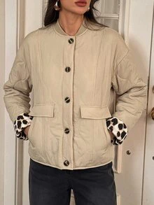 SHEIN Tall Women's Quilted Down Jacket, Button Front Design, Casual, Suitable For Autumn/Winter, Comfortable And Versatile Women's Autumn/Winter Clothing - Apricot - View 8