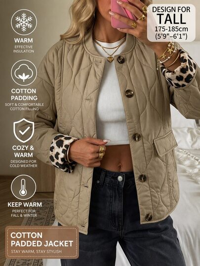 SHEIN Tall Women's Quilted Down Jacket, Button Front Design, Casual, Suitable For Autumn/Winter, Comfortable And Versatile Women's Autumn/Winter Clothing