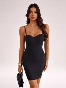 SHEIN Tall Women's Solid Color Sexy Fitted Spaghetti Strap Mini Dress - Black - View 5