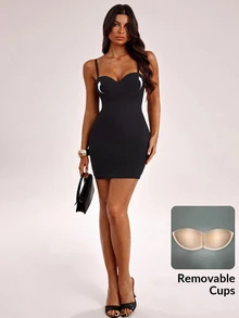 SHEIN Tall Women's Solid Color Sexy Fitted Spaghetti Strap Mini Dress - Black - View 1