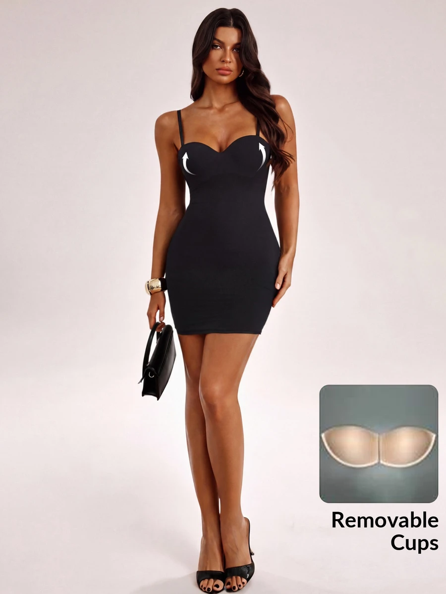 SHEIN Tall Women's Solid Color Sexy Fitted Spaghetti Strap Mini Dress - Black - View 1