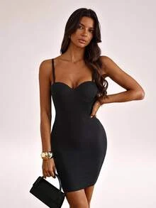 SHEIN Tall Women's Solid Color Sexy Fitted Spaghetti Strap Mini Dress - Black - View 6