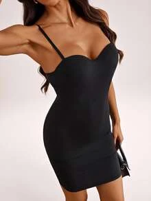 SHEIN Tall Women's Solid Color Sexy Fitted Spaghetti Strap Mini Dress - Black - View 7