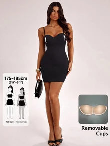 SHEIN Tall Women's Solid Color Sexy Fitted Spaghetti Strap Mini Dress - Black - View 9
