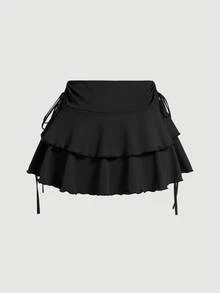 SHEIN Tall 女款素色百褶休閒百搭日常裙 - 黑色 - 查看 2