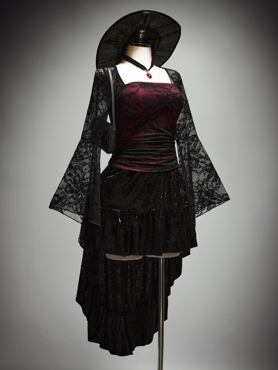 SHEIN ICON Women's Plus Size Autumn/Winter Retro Sexy Y2K Dark Gothic Style Black And Red Color Block Lace Flared Sleeves Gathered Waist Square Neck Top Fall - Red and Black - View 1