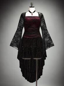 SHEIN ICON Women's Plus Size Autumn/Winter Retro Sexy Y2K Dark Gothic Style Black And Red Color Block Lace Flared Sleeves Gathered Waist Square Neck Top Fall - Red and Black - View 3