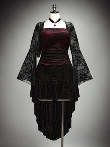 SHEIN ICON Women's Plus Size Autumn/Winter Retro Sexy Y2K Dark Gothic Style Black And Red Color Block Lace Flared Sleeves Gathered Waist Square Neck Top Fall - Red and Black - View 4