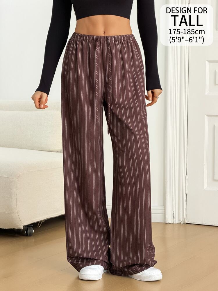 SHEIN Tall Striped Print Drawstring Waist Wide Leg Pants - Brown - View 1
