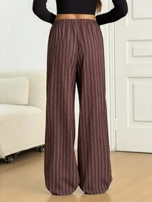 SHEIN Tall Striped Print Drawstring Waist Wide Leg Pants - Brown - View 2