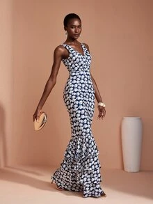 JIAN LASALA Knit Sleeveless Multi Ruffle Layers V Neckline Long Dress Elegant Party Vacation - Multicolor - View 6