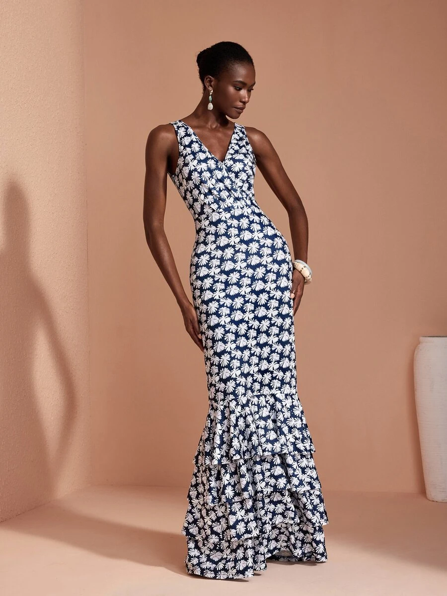 JIAN LASALA Knit Sleeveless Multi Ruffle Layers V Neckline Long Dress Elegant Party Vacation - Multicolor - View 1