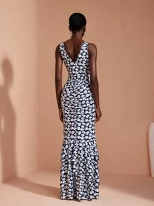 JIAN LASALA Knit Sleeveless Multi Ruffle Layers V Neckline Long Dress Elegant Party Vacation - Multicolor - View 2
