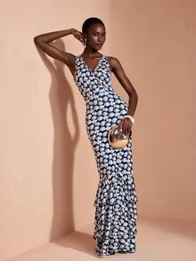 JIAN LASALA Knit Sleeveless Multi Ruffle Layers V Neckline Long Dress Elegant Party Vacation - Multicolor - View 4