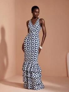 JIAN LASALA Knit Sleeveless Multi Ruffle Layers V Neckline Long Dress Elegant Party Vacation - Multicolor - View 5