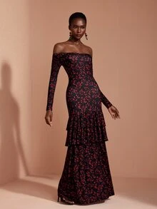 JIAN LASALA Knit Red Leave Long Sleeve Ruched Off Shoulder Double Ruffle Layers Long Dress Elegant Vacation - Multicolor - View 4