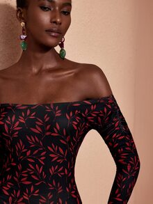 JIAN LASALA Knit Red Leave Long Sleeve Ruched Off Shoulder Double Ruffle Layers Long Dress Elegant Vacation - Multicolor - View 7