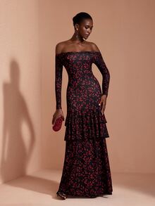 JIAN LASALA Knit Red Leave Long Sleeve Ruched Off Shoulder Double Ruffle Layers Long Dress Elegant Vacation - Multicolor - View 3