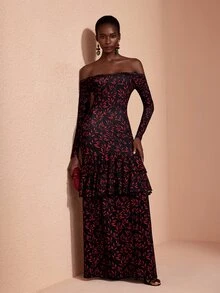 JIAN LASALA Knit Red Leave Long Sleeve Ruched Off Shoulder Double Ruffle Layers Long Dress Elegant Vacation - Multicolor - View 5