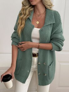 Selianne Women's Autumn New Single Piece Polo Collar Fitted Regular Fit Solid Color Button & Hidden Button Design Pocket Versatile Fashion Daily Commute Knit Cardigan Top - Green - View 1