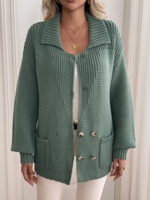 Selianne Women's Autumn New Single Piece Polo Collar Fitted Regular Fit Solid Color Button & Hidden Button Design Pocket Versatile Fashion Daily Commute Knit Cardigan Top - Green - View 4