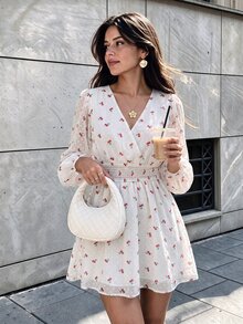 Flora Isola Flora Isola Women's Summer Off-White Cherry Print V-Neck Puff Lantern Long Sleeve Elastic Waist A-Line Mini Dress - Beige - View 6