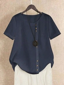 EMERY ROSE Women's Solid Color Round Neck Short Sleeve Button Design Casual Shirt - Navy Blue - View 6