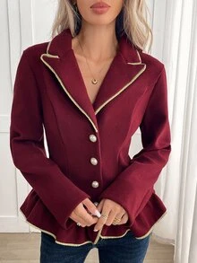 Yalmera Mantel Wanita Lengan Panjang Berkerah Kancing Tunggal dengan Hiasan Rumbai di Bagian Bawah, Cocok untuk Kantor, Makan Malam, Warna Burgundy, Elegan untuk Musim Gugur - Burgundy - View 4