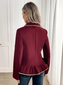 Yalmera Mantel Wanita Lengan Panjang Berkerah Kancing Tunggal dengan Hiasan Rumbai di Bagian Bawah, Cocok untuk Kantor, Makan Malam, Warna Burgundy, Elegan untuk Musim Gugur - Burgundy - View 2