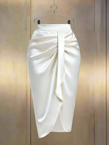 EMERY ROSE High Waist Ruched Asymmetrical Hem Skirt - White - View 5