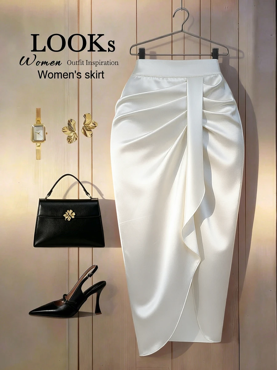 EMERY ROSE High Waist Ruched Asymmetrical Hem Skirt - White - View 1