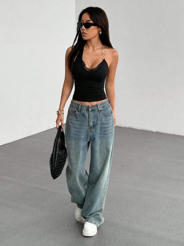 StreetHx Women's Autumn/Winter Black Knit & Lace Patchwork V-Neck Cropped Vest With Metal Chain & Ruched Waist – Streetwear/Casual/Y2K/Edgy Style - Black - View 6