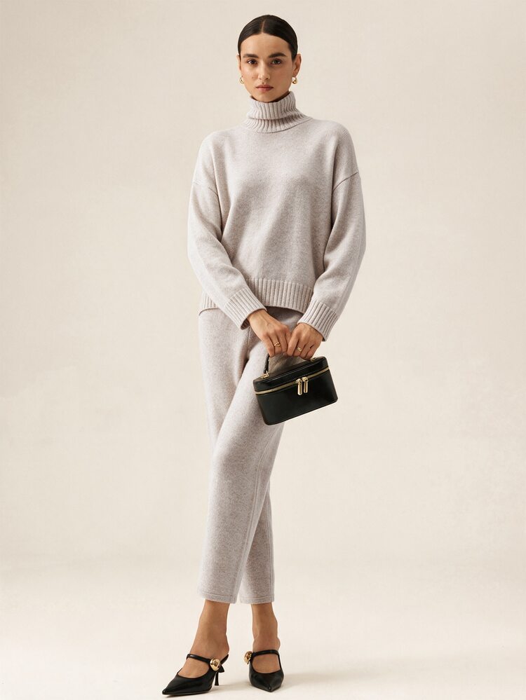 SHEIN PariChic Setelan Sweater Leher Tinggi Polos dengan Bahu Longgar dan Celana Rajut untuk Wanita, Cocok untuk Musim Gugur dan Musim Dingin. - Aprikot - View 6
