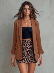 Calvaya Flap Detail Roll Tab Sleeve Blazer Fall Cloth For Women - Rust Brown - View 3