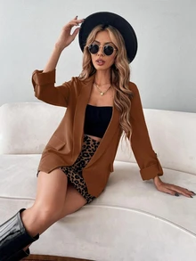 Calvaya Flap Detail Roll Tab Sleeve Blazer Fall Cloth For Women - Rust Brown - View 6